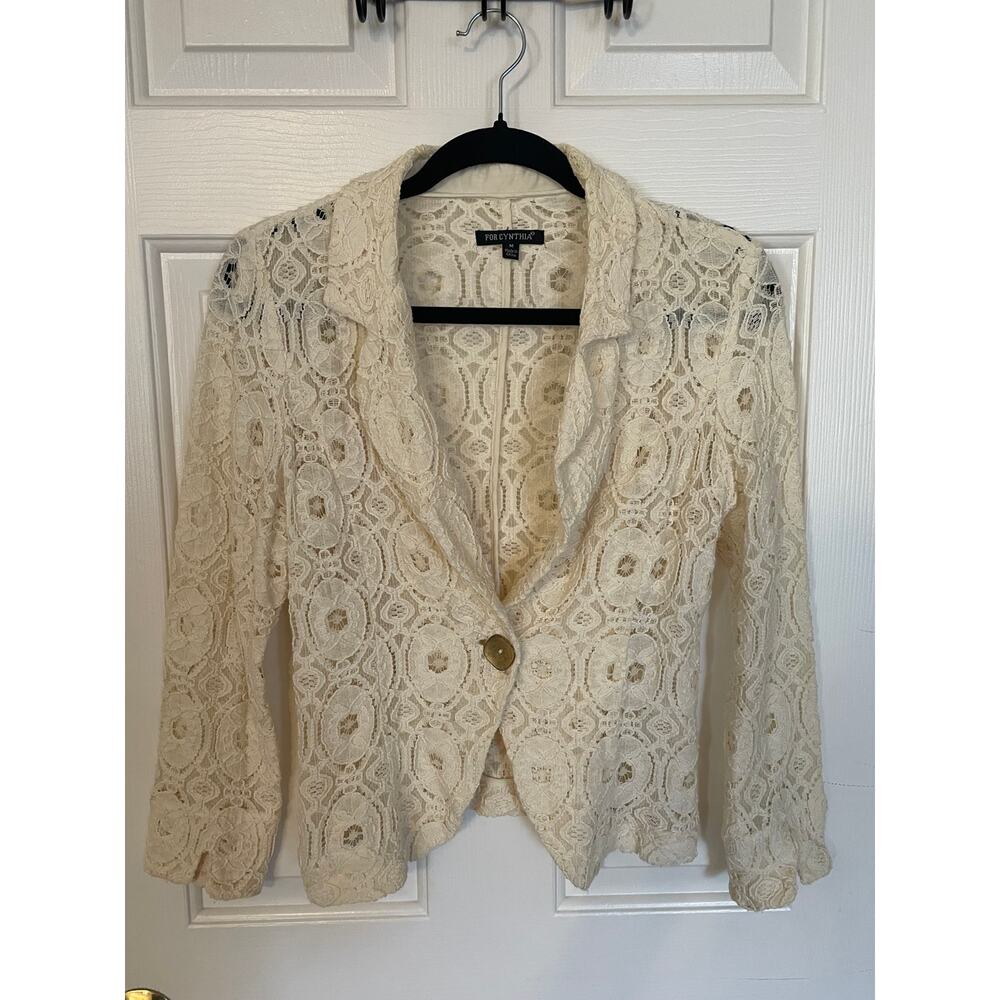 For Cynthia Womens Medium Lace Cardigan Long Sleeve Cream Euro Coquette Feminine